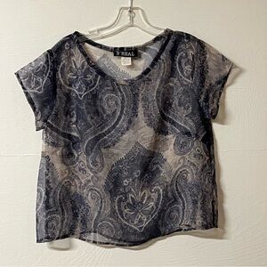B Real Y2K Paisley Sheer Top Short Sleeve Boxy Goth Grunge Size M 7/9